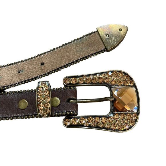 Womens Western Brown Gemstone Cowhide Sparkly Rodeo Cowgirl Leather Belt Sz XL
